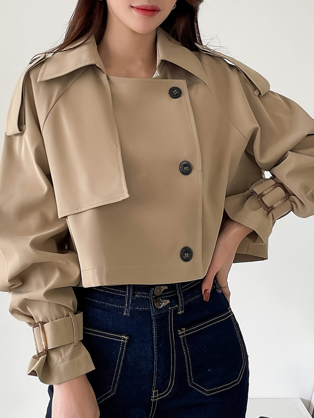 Evelyn - Stylischer khakifarbener Trenchcoat mit Reverskragen und schickem Federverschluss für Frauen