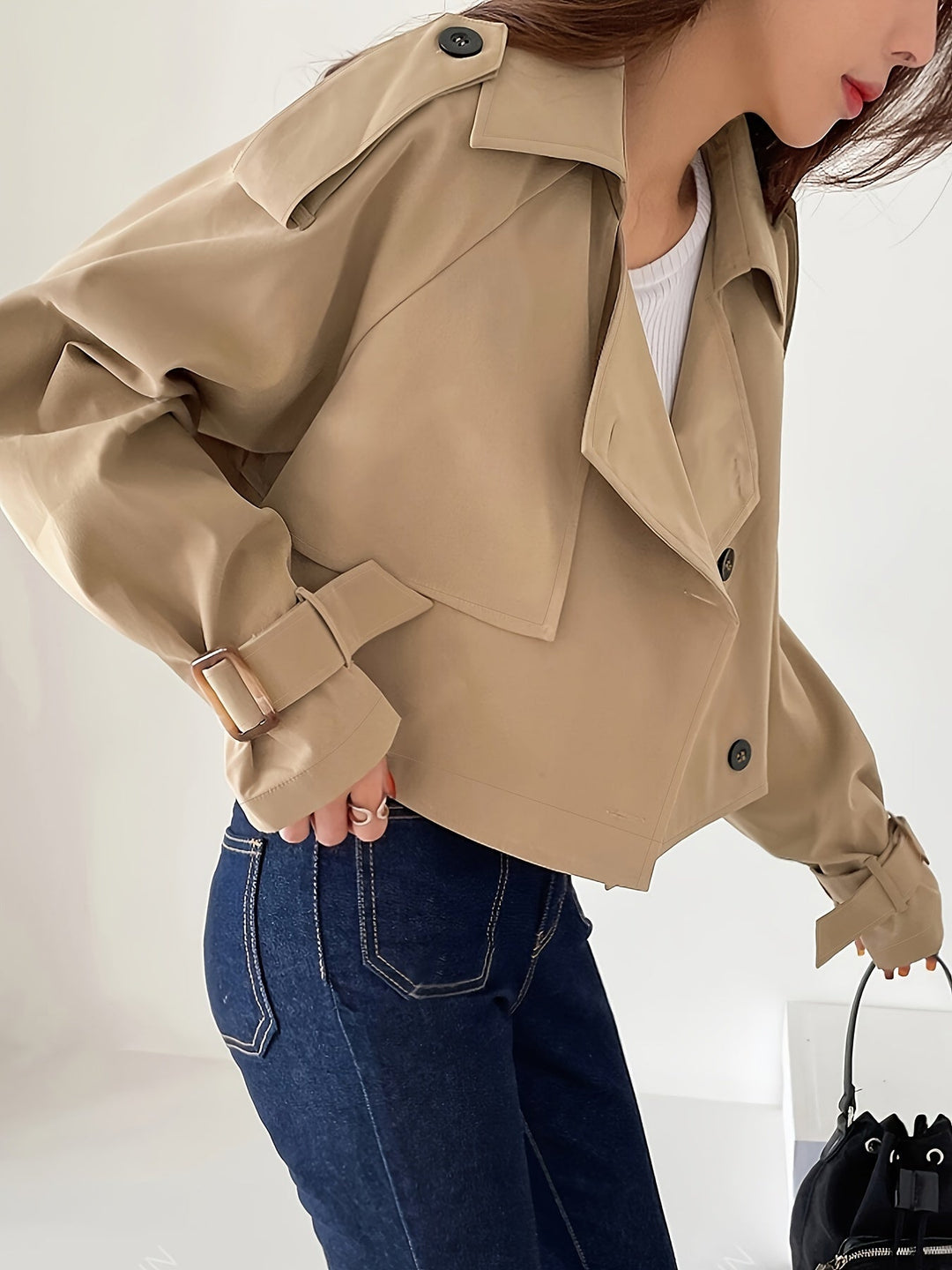 Evelyn - Stylischer khakifarbener Trenchcoat mit Reverskragen und schickem Federverschluss für Frauen