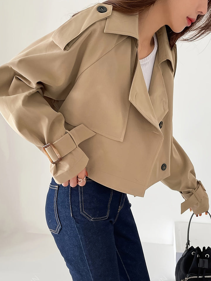 Evelyn - Stylischer khakifarbener Trenchcoat mit Reverskragen und schickem Federverschluss für Frauen