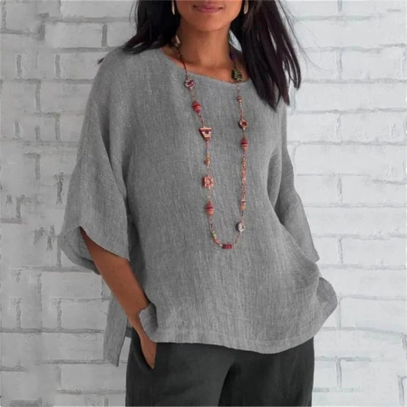 Maricel - Fashionable plus-size cotton and linen shirt for women with trendy sleeves