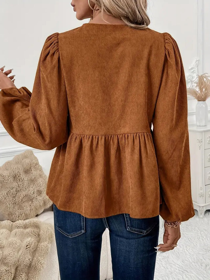 Gianna - Elegant Fall-Chic Brown Blouse with Drawstring and Puff Sleeves for the Modern Woman
