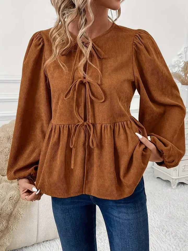 Gianna - Elegant Fall-Chic Brown Blouse with Drawstring and Puff Sleeves for the Modern Woman
