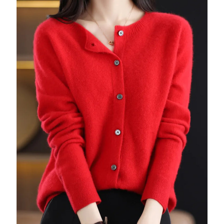 Luxuriöse Damen Strickjacke aus 100% Merinowolle mit O-Ausschnitt und Cashmere Touch