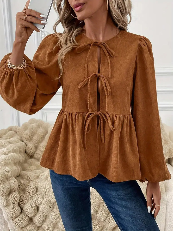 Gianna - Elegant Fall-Chic Brown Blouse with Drawstring and Puff Sleeves for the Modern Woman