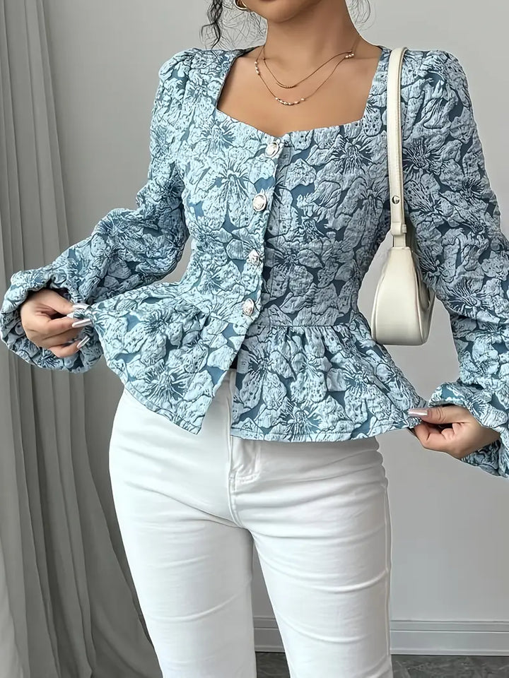 Hazel - Elegant Blue Jacquard Top with Floral Pattern for the Perfect Fall Look for Women