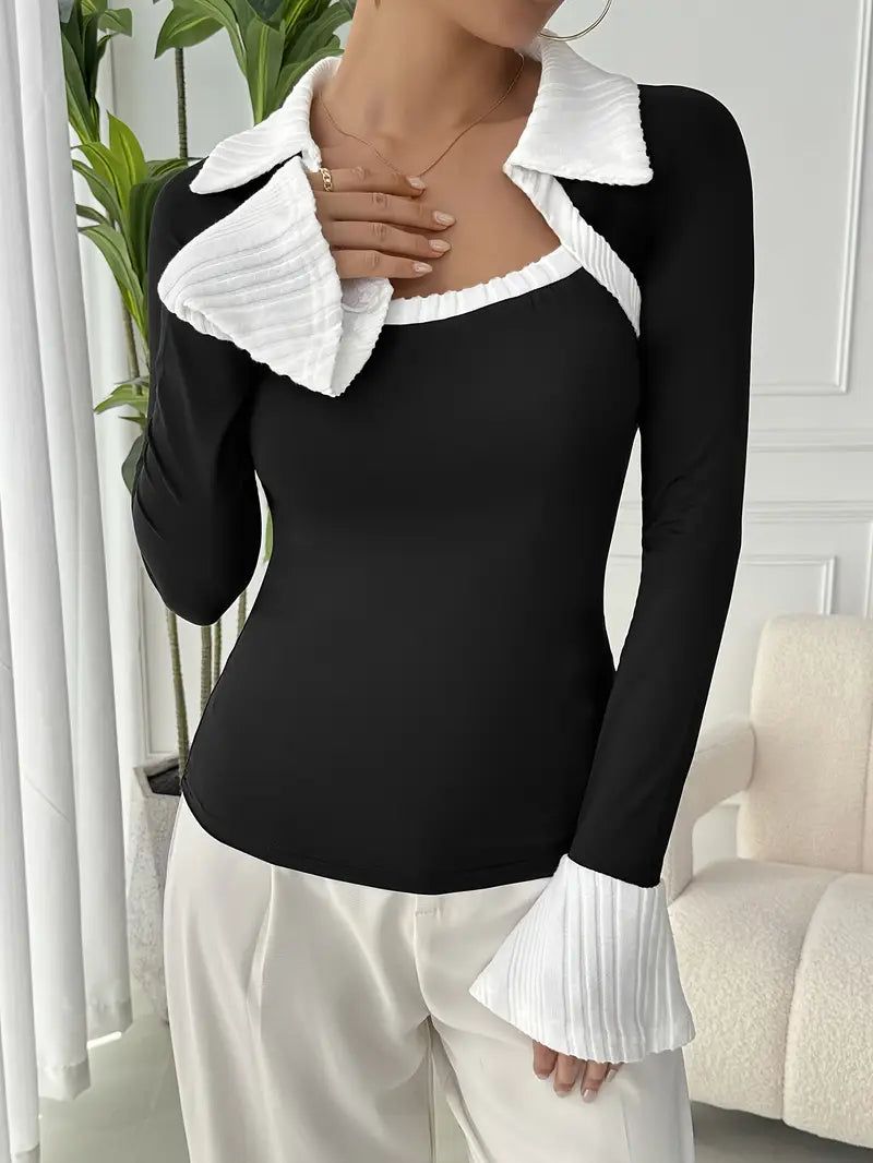 Natalie - Stylish, autumn-chic black top with contrasting collar for women