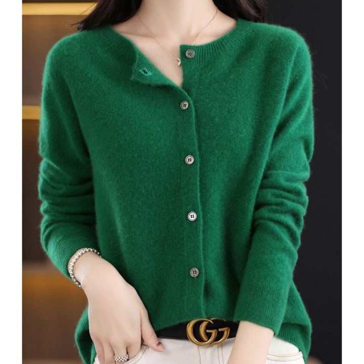 Luxuriöse Damen Strickjacke aus 100% Merinowolle mit O-Ausschnitt und Cashmere Touch