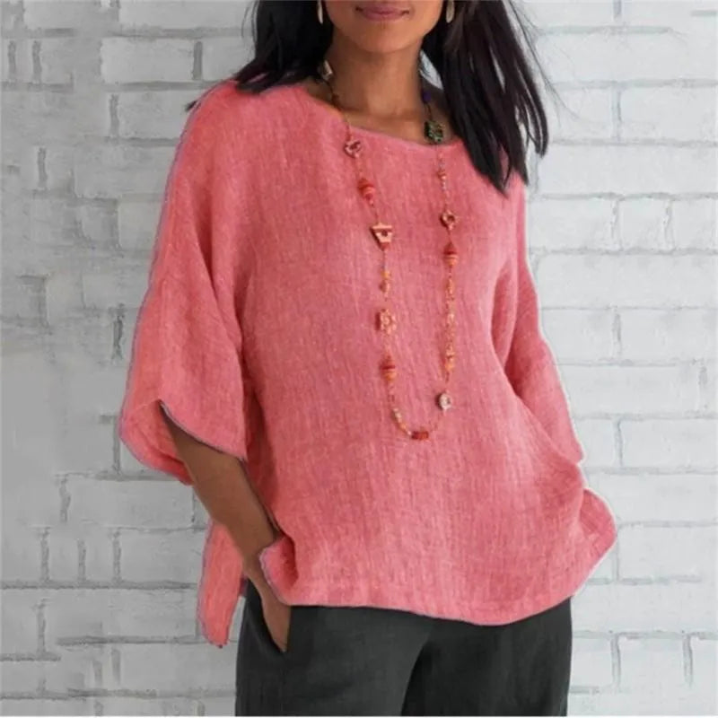 Maricel - Fashionable plus-size cotton and linen shirt for women with trendy sleeves
