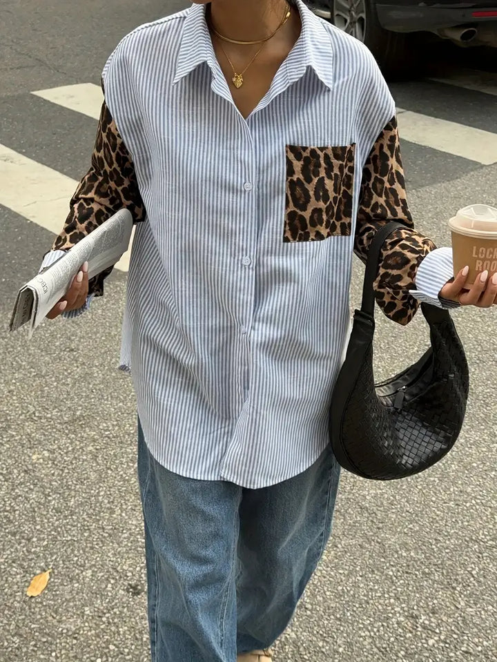 Emily - Elegant Blue Blouse with Leopard Patchwork for the Stylish Woman This Fall