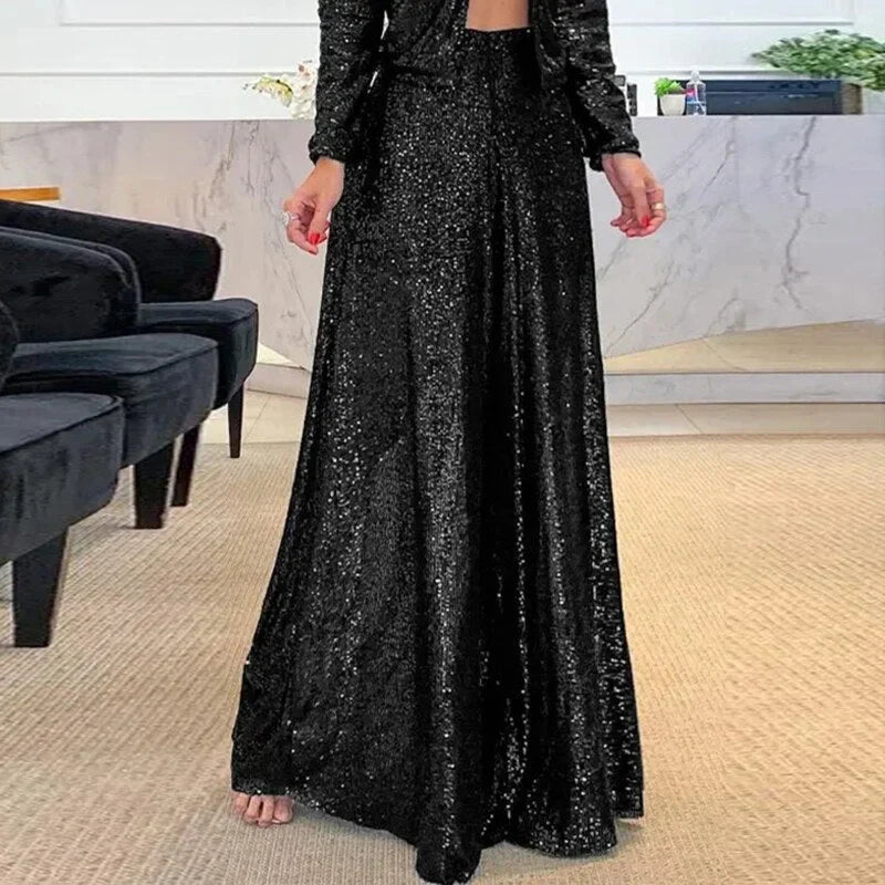 Gloria - Pantalon à paillettes stylé avec jambes légèrement évasées flatteuses