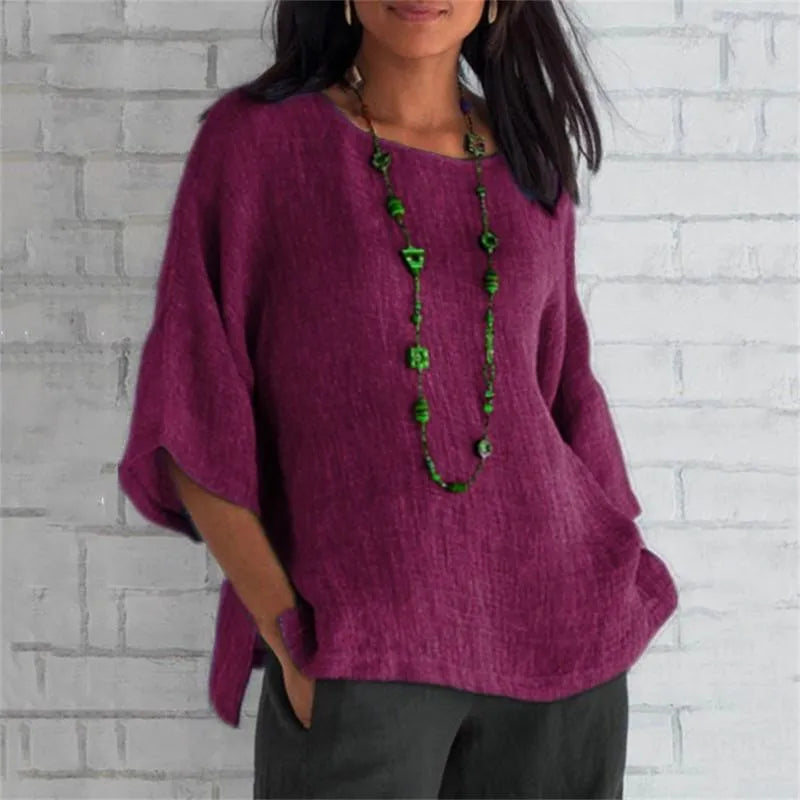 Maricel - Fashionable plus-size cotton and linen shirt for women with trendy sleeves