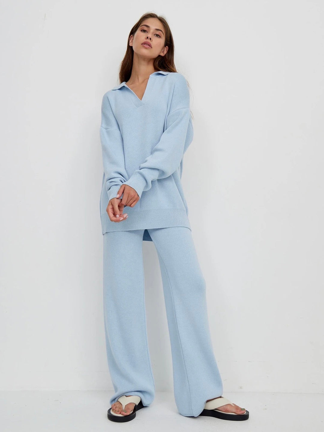 Valérie™ - Set of Cotton Polo Shirt with Wide Pants
