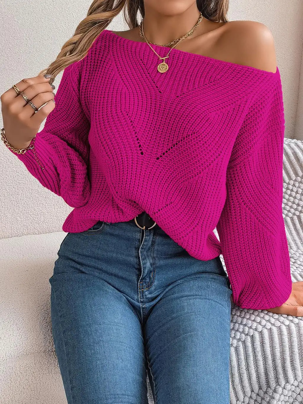 Jackie - Trendy off-shoulder knit sweater for a chic appearance