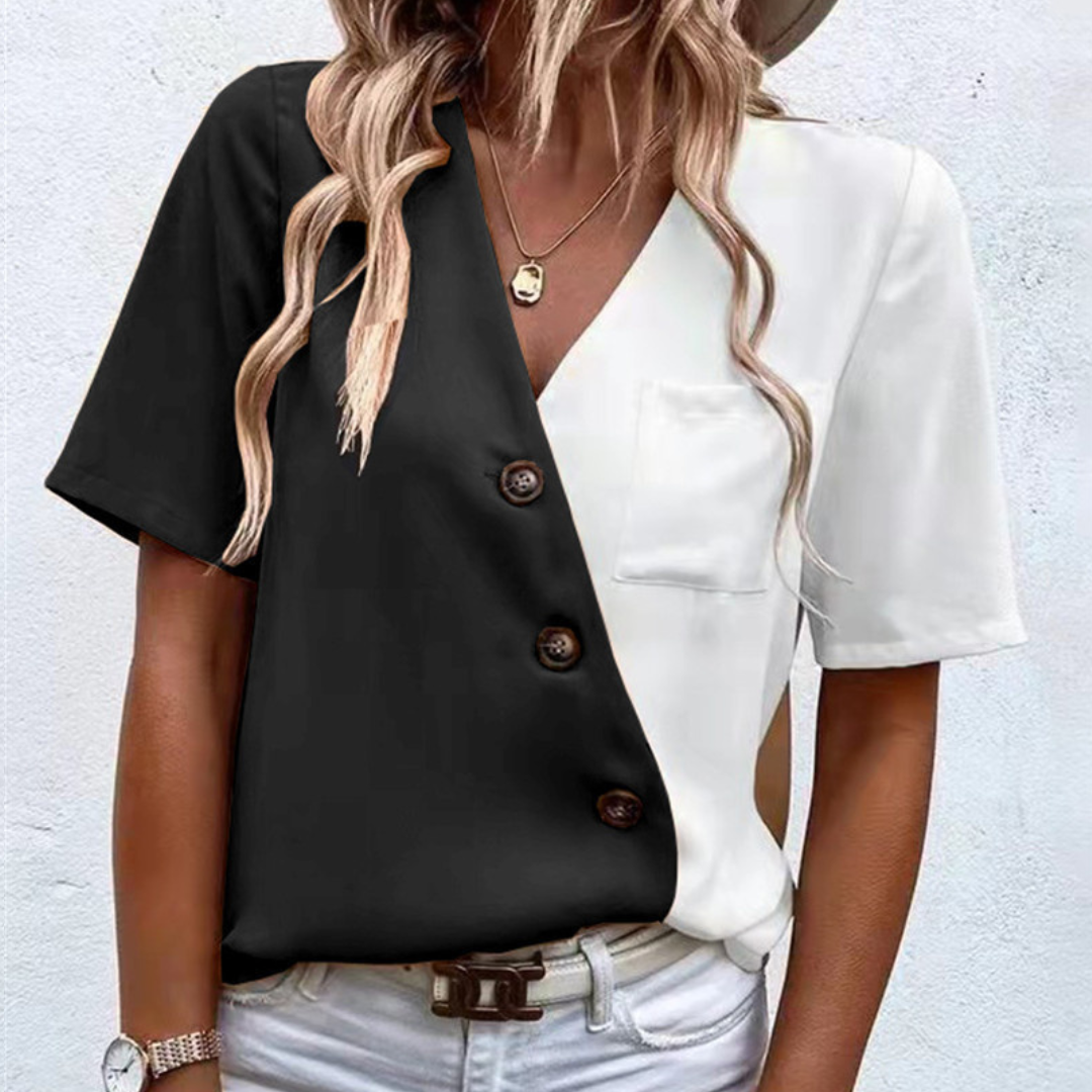 Lara - Elegant V-Neck Blouse for Women with Fashionable Button Placket and Luxurious Two-Tone Design