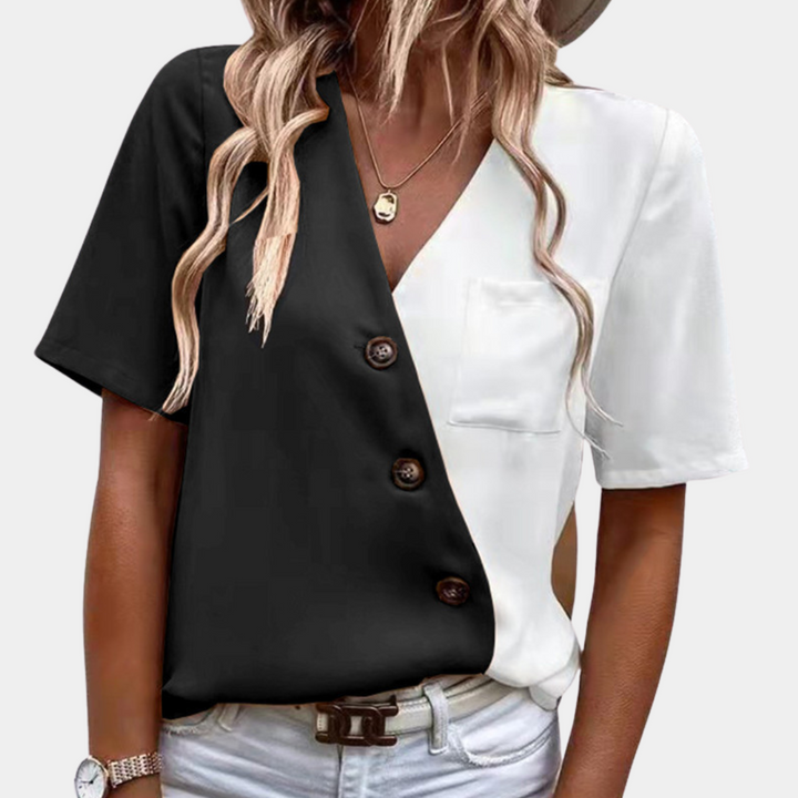 Lara - Elegant V-Neck Blouse for Women with Fashionable Button Placket and Luxurious Two-Tone Design
