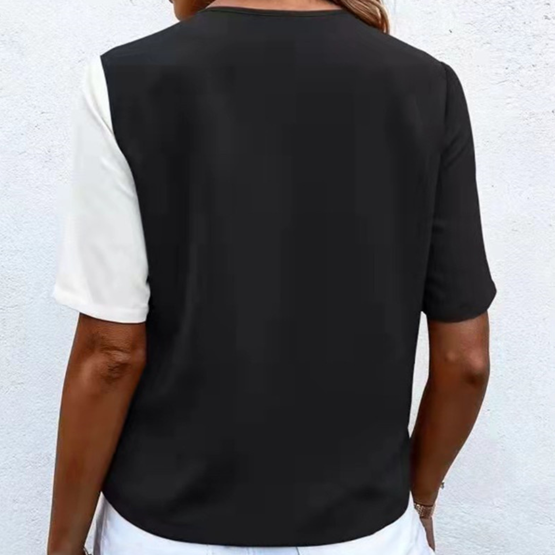 Lara - Elegant V-Neck Blouse for Women with Fashionable Button Placket and Luxurious Two-Tone Design
