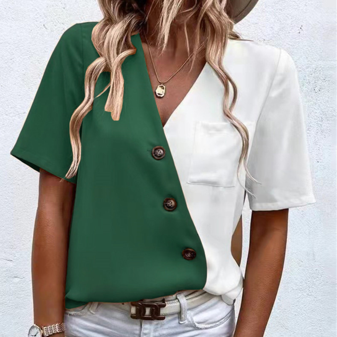 Lara - Elegant V-Neck Blouse for Women with Fashionable Button Placket and Luxurious Two-Tone Design