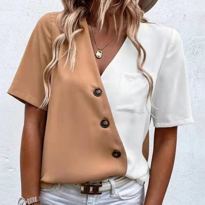 Lara - Elegant V-Neck Blouse for Women with Fashionable Button Placket and Luxurious Two-Tone Design