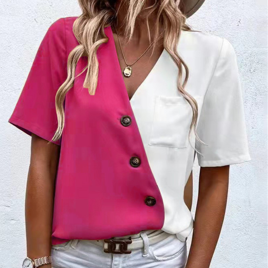 Lara - Elegant V-Neck Blouse for Women with Fashionable Button Placket and Luxurious Two-Tone Design