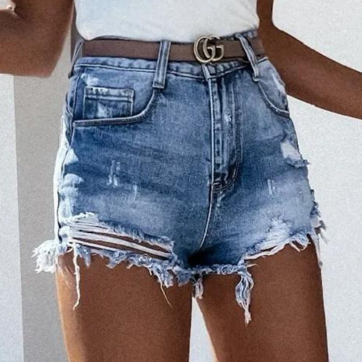 Denis - Stylische High Waist Worn Denim Short mit trendigen Fransen
