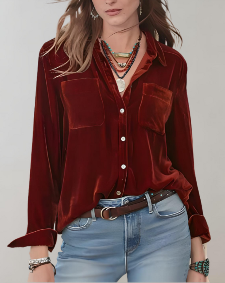 Sienna - Elegant vintage autumn velvet top with buttons for women