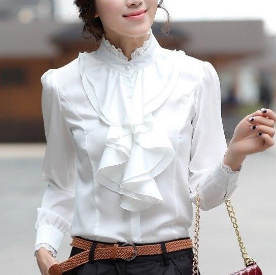 Stylish white spring blouse with ruffled collar and long sleeves for women - Julie
