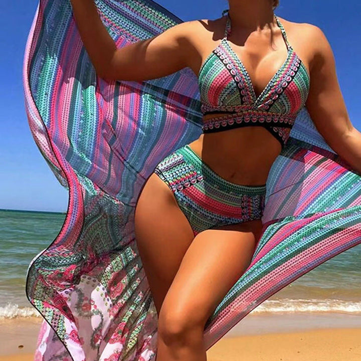 Seductive three-piece bikini set with crossed straps and trendy high waist