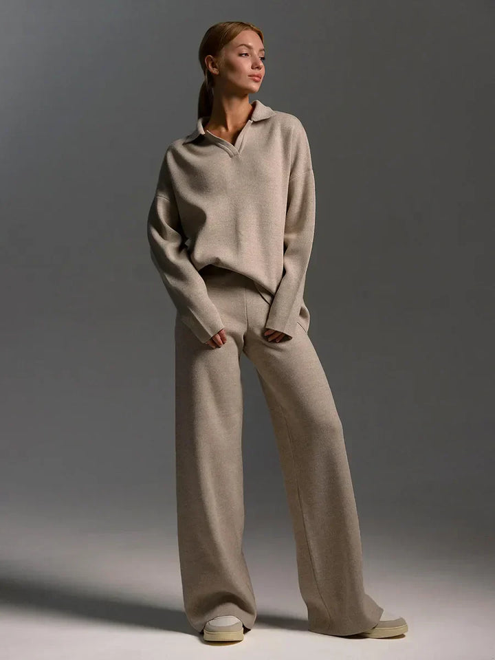Valérie™ - Set of Cotton Polo Shirt with Wide Pants