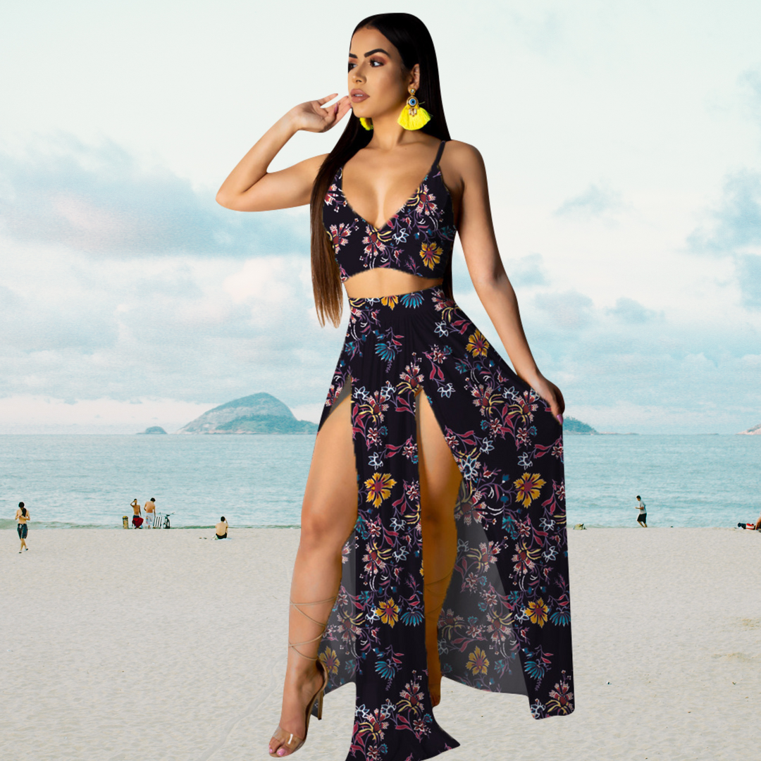 Amalia - Tenue d'été stylée avec top dos-nu et longue jupe fendue