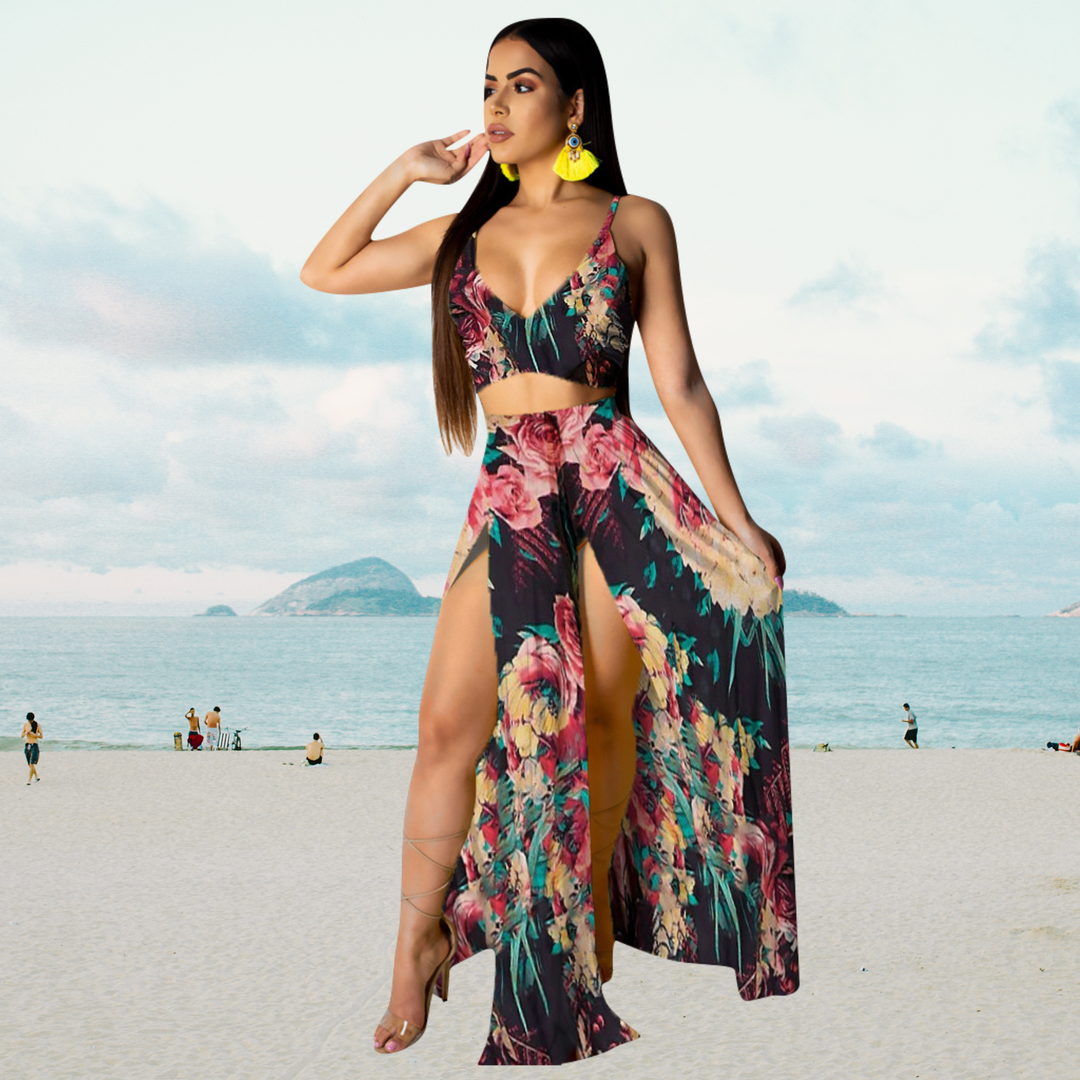 Amalia - Tenue d'été stylée avec top dos-nu et longue jupe fendue