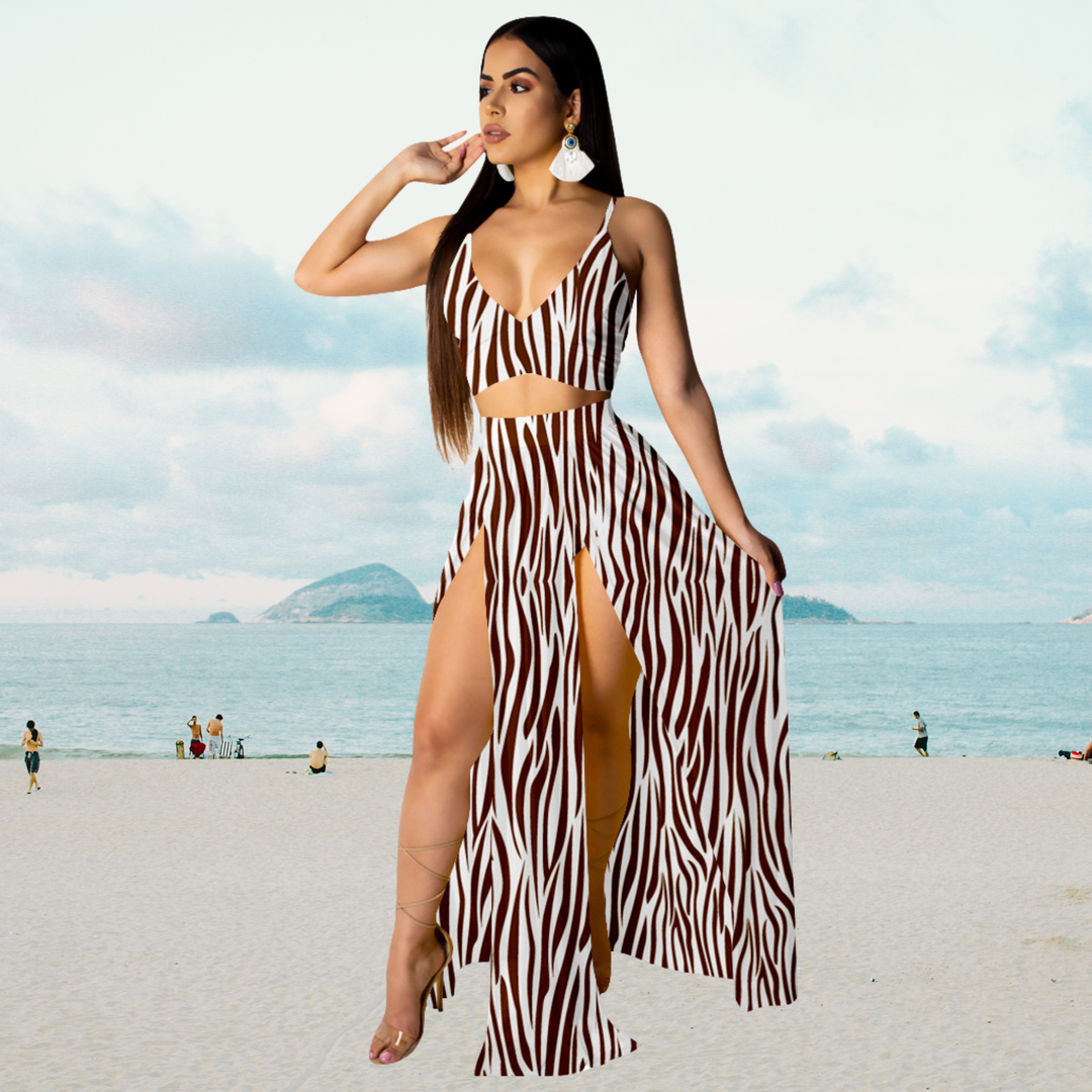 Amalia - Tenue d'été stylée avec top dos-nu et longue jupe fendue