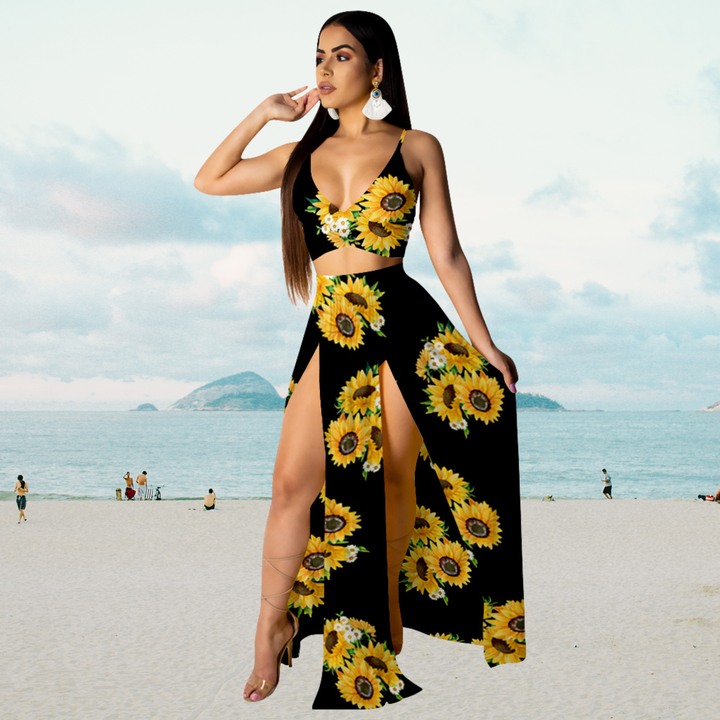 Amalia - Tenue d'été stylée avec top dos-nu et longue jupe fendue