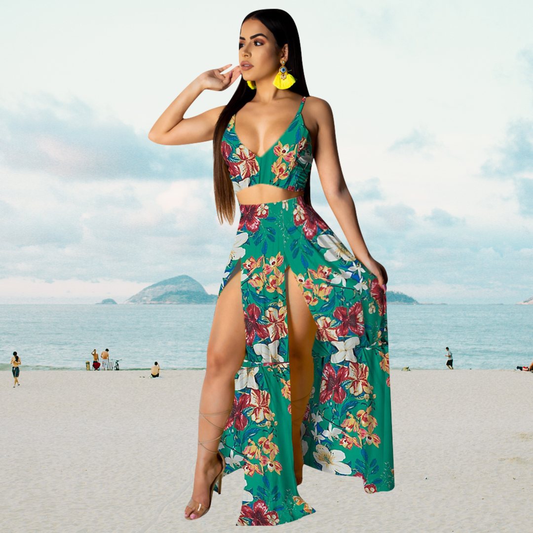 Amalia - Tenue d'été stylée avec top dos-nu et longue jupe fendue