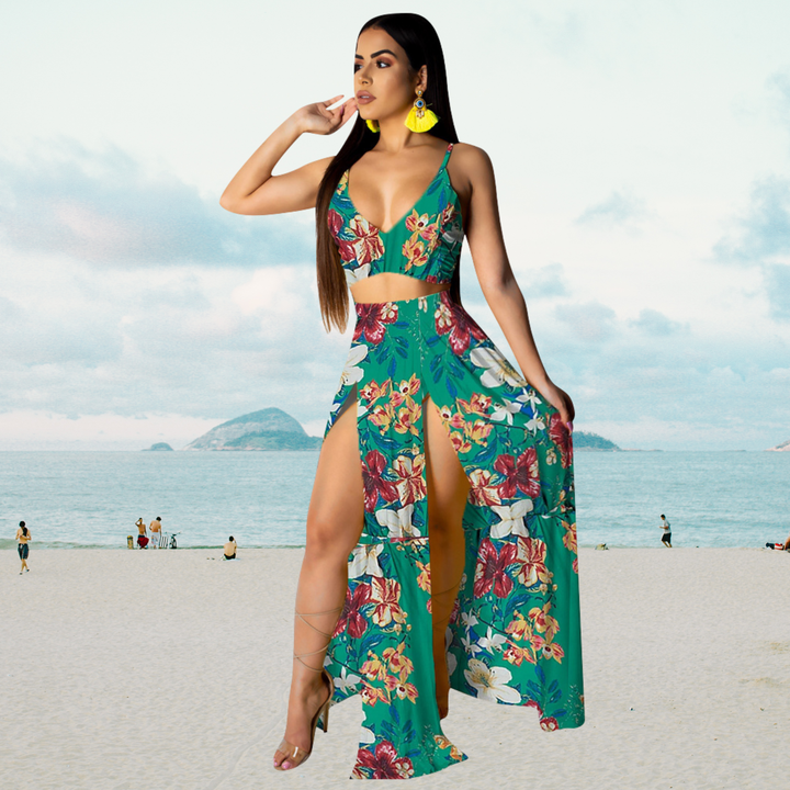 Amalia - Tenue d'été stylée avec top dos-nu et longue jupe fendue