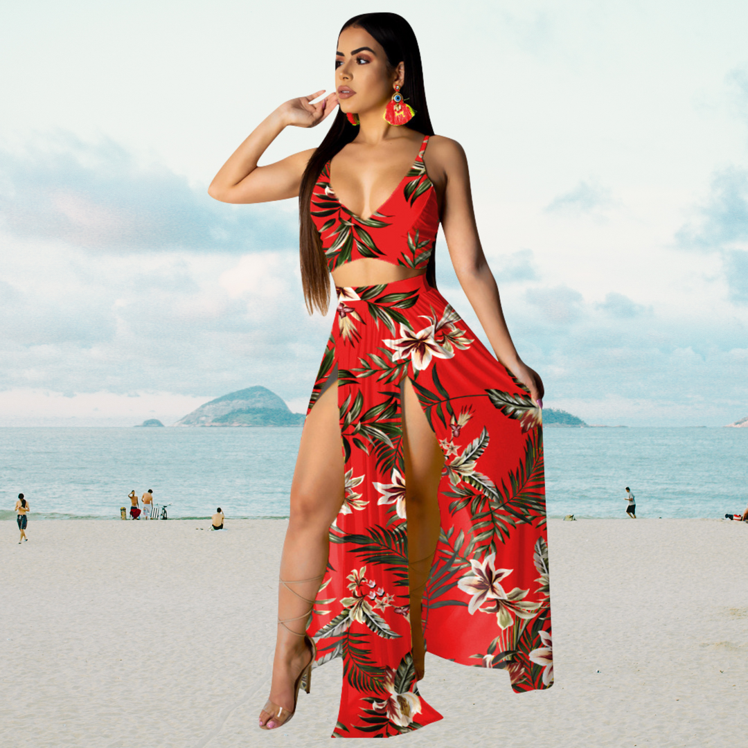 Amalia - Tenue d'été stylée avec top dos-nu et longue jupe fendue