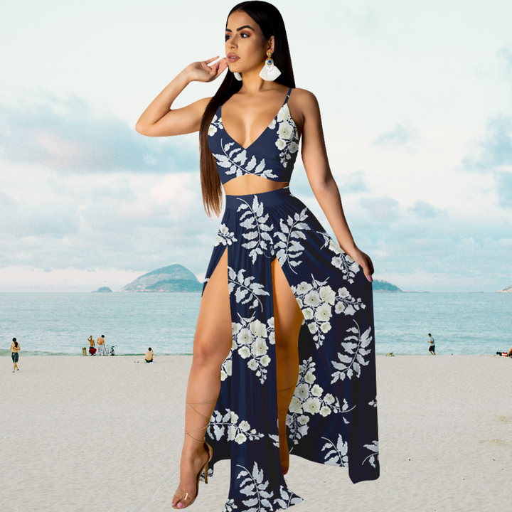 Amalia - Tenue d'été stylée avec top dos-nu et longue jupe fendue