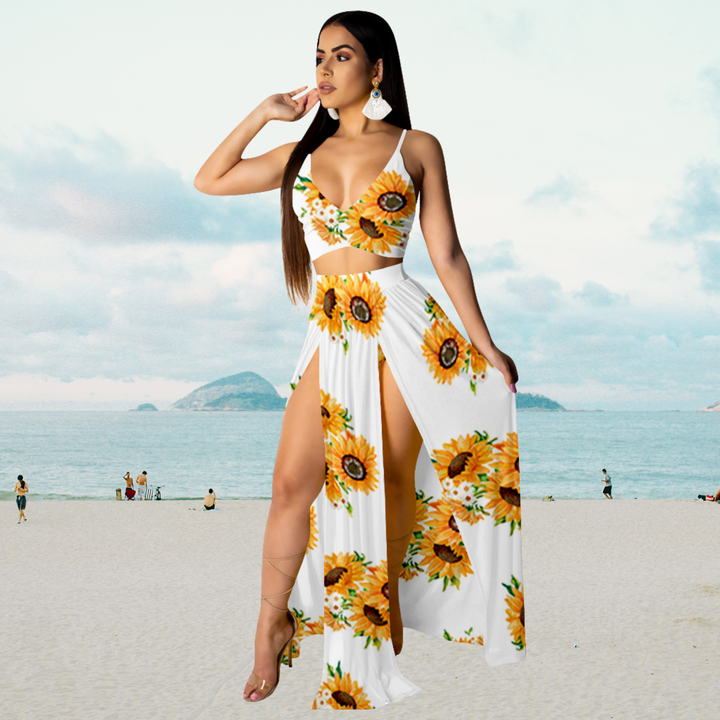Amalia - Tenue d'été stylée avec top dos-nu et longue jupe fendue