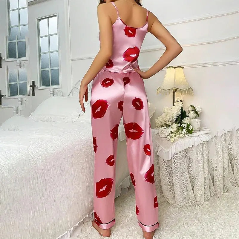 Rhea - Ensemble de pyjama en satin de luxe avec imprimé lèvres pour femmes