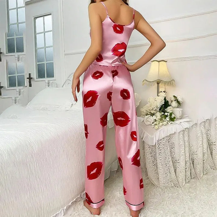 Rhea - Ensemble de pyjama en satin de luxe avec imprimé lèvres pour femmes