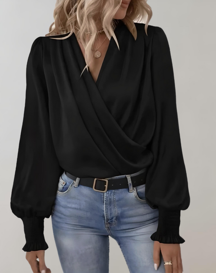 Minda - Elegant Long-Sleeve Blouse with V-Neck in Chic Spring Style for Women