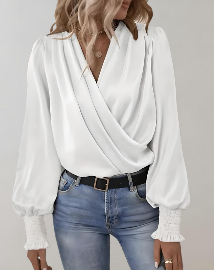 Minda - Elegant Long-Sleeve Blouse with V-Neck in Chic Spring Style for Women