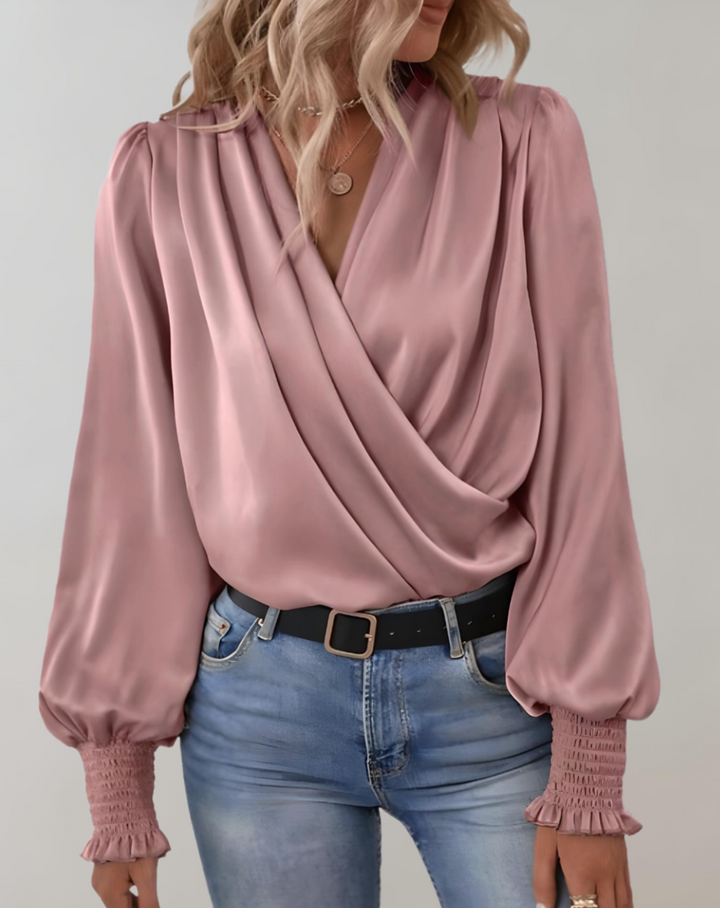 Minda - Elegant Long-Sleeve Blouse with V-Neck in Chic Spring Style for Women