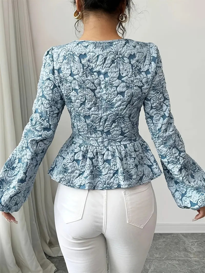 Hazel - Elegant Blue Jacquard Top with Floral Pattern for the Perfect Fall Look for Women