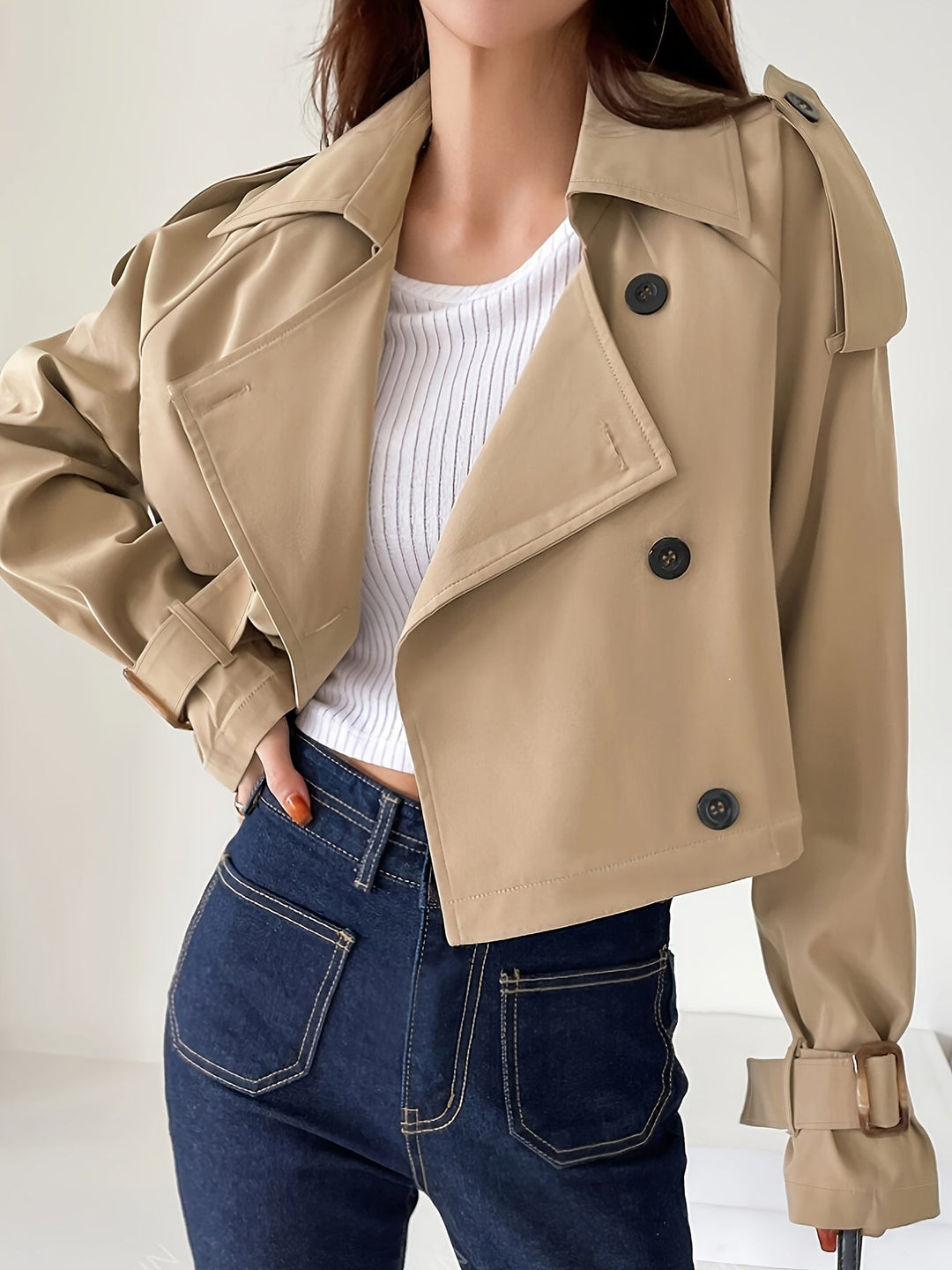 Evelyn - Stylischer khakifarbener Trenchcoat mit Reverskragen und schickem Federverschluss für Frauen