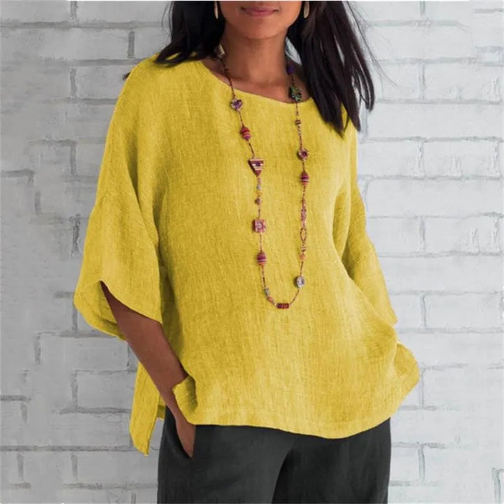 Maricel - Fashionable plus-size cotton and linen shirt for women with trendy sleeves