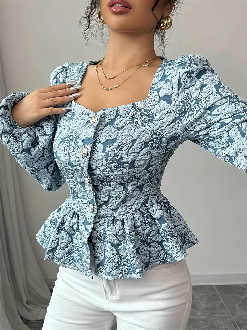 Hazel - Elegant Blue Jacquard Top with Floral Pattern for the Perfect Fall Look for Women