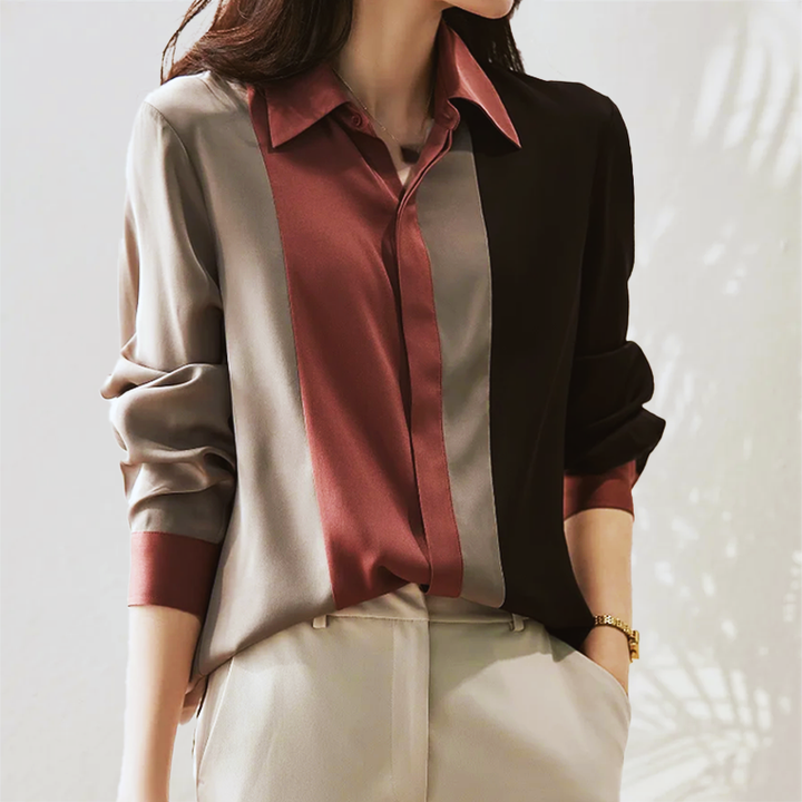 Cora - Stylische Herbstbluse aus gemischtem Satin mit Patchwork für Frauen