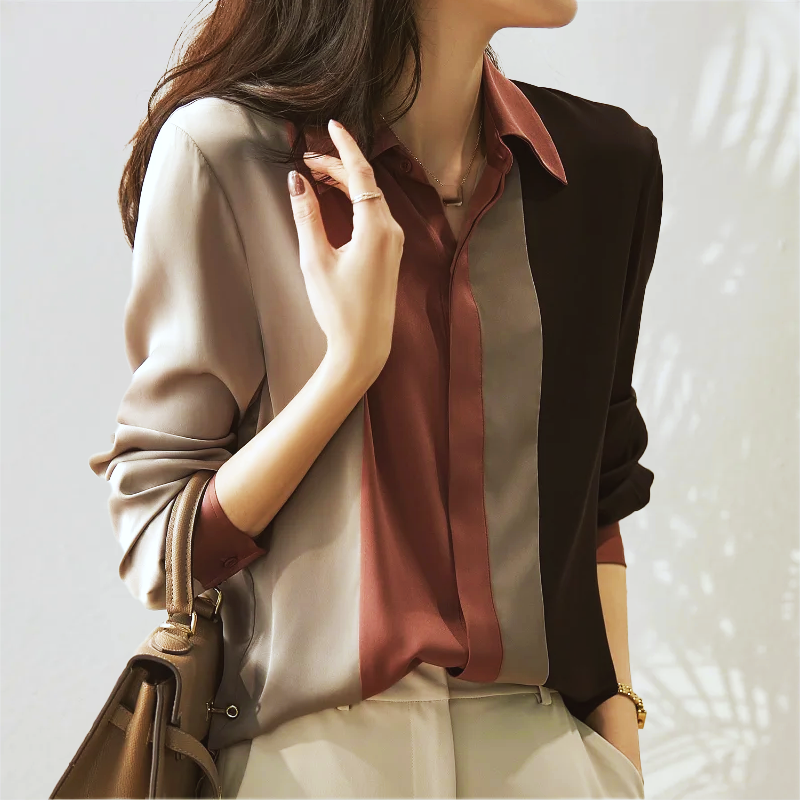 Cora - Stylische Herbstbluse aus gemischtem Satin mit Patchwork für Frauen