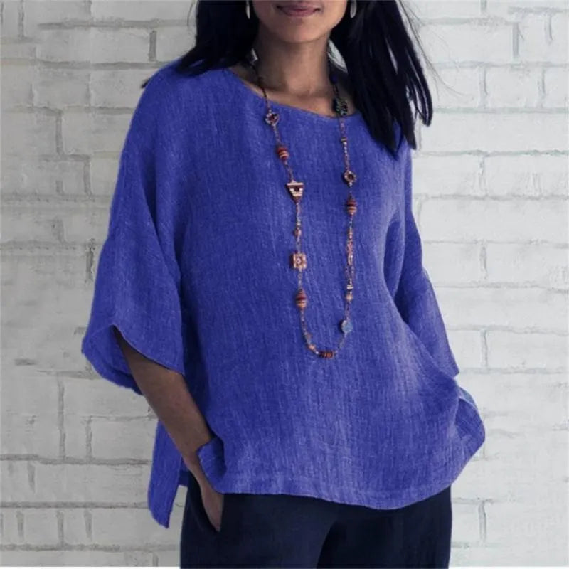 Maricel - Fashionable plus-size cotton and linen shirt for women with trendy sleeves