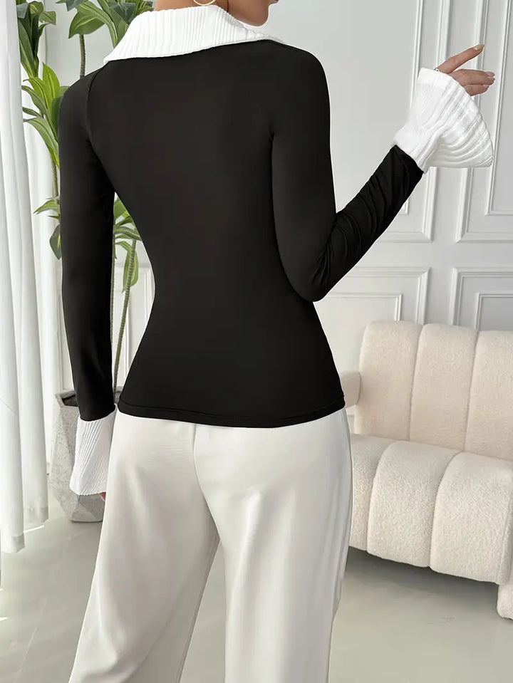 Natalie - Stylish, autumn-chic black top with contrasting collar for women